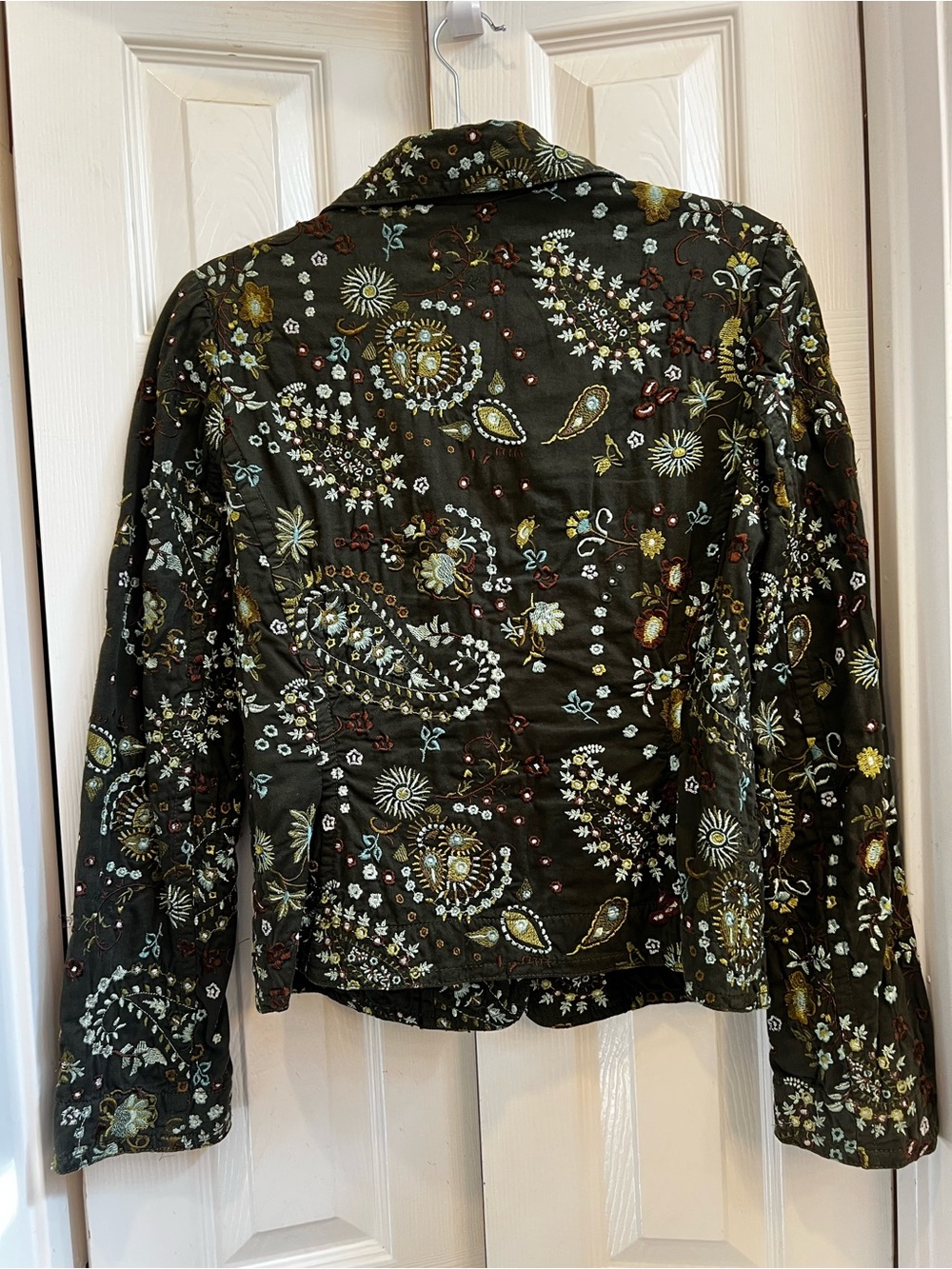 Johnny Was Olive Green Embroidered Floral Jean Jacket